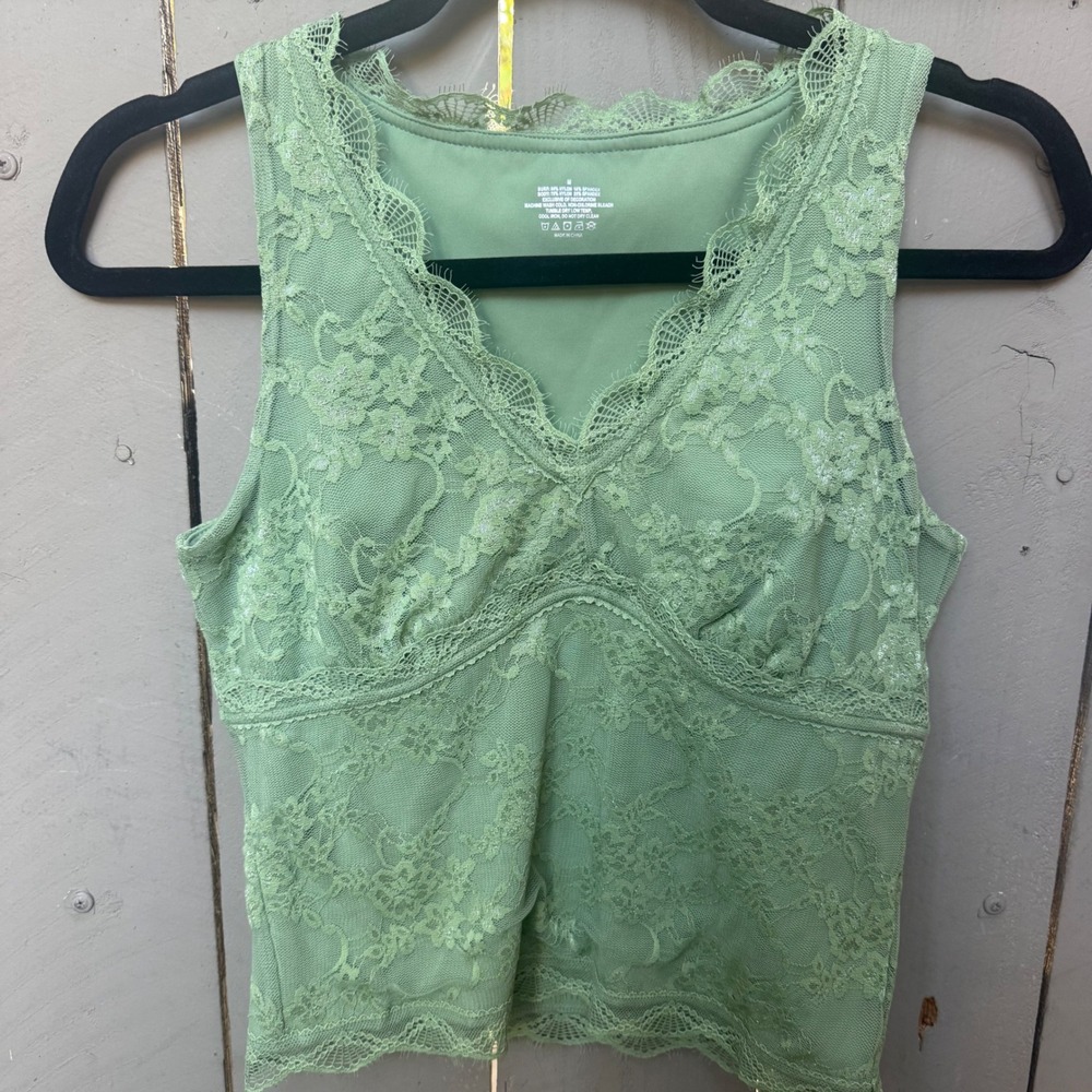 V-Neck Crop Top Floral Lace Baby Doll Y2K Coquette Sage Green Forest Fairy